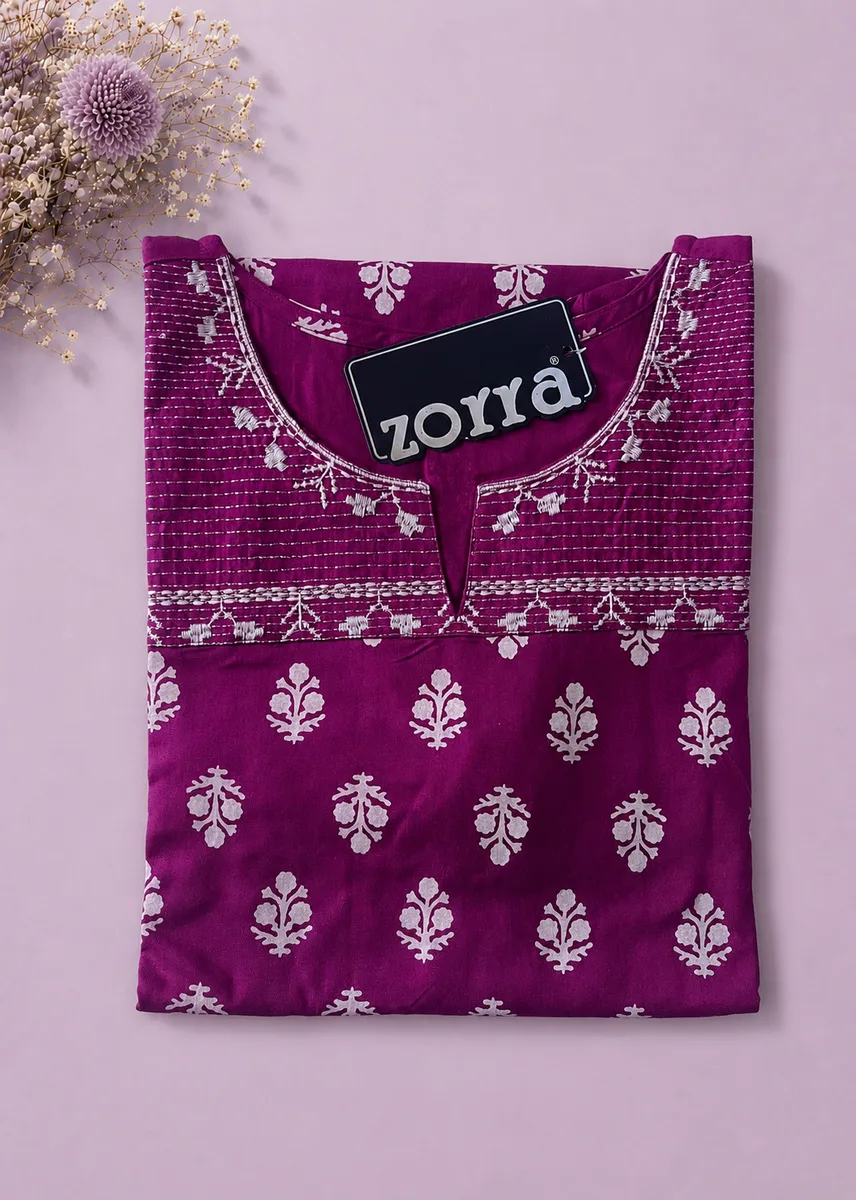 Burgundy Floral Cotton Straight Kurta