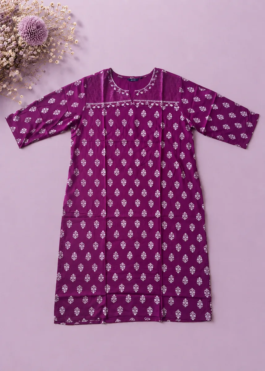 Burgundy Floral Cotton Straight Kurta
