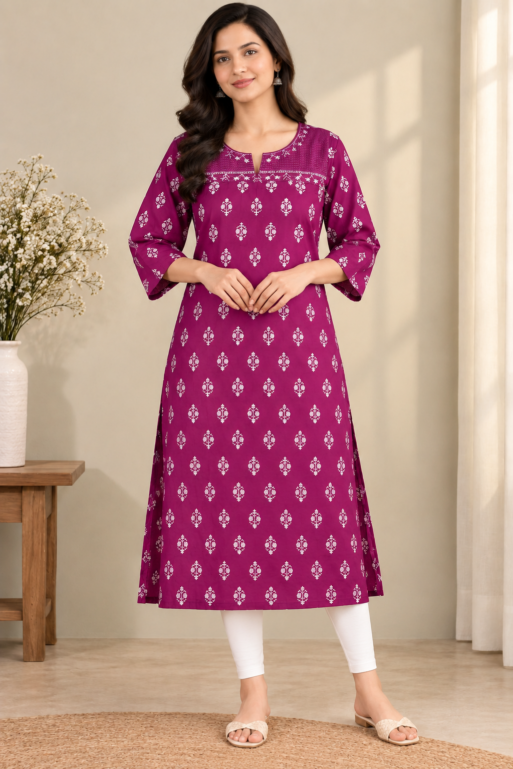 Burgundy Floral Cotton Straight Kurta