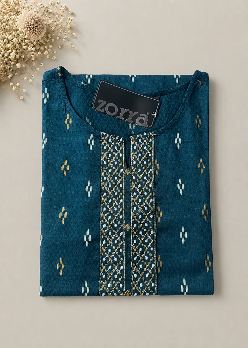 Teal Ikat Cotton Kurta with Gold Embroidered Neckline