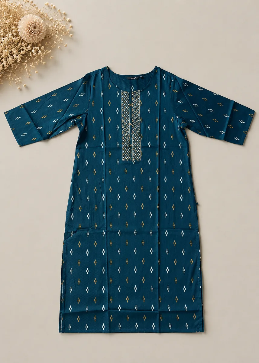 Teal Ikat Cotton Kurta with Gold Embroidered Neckline