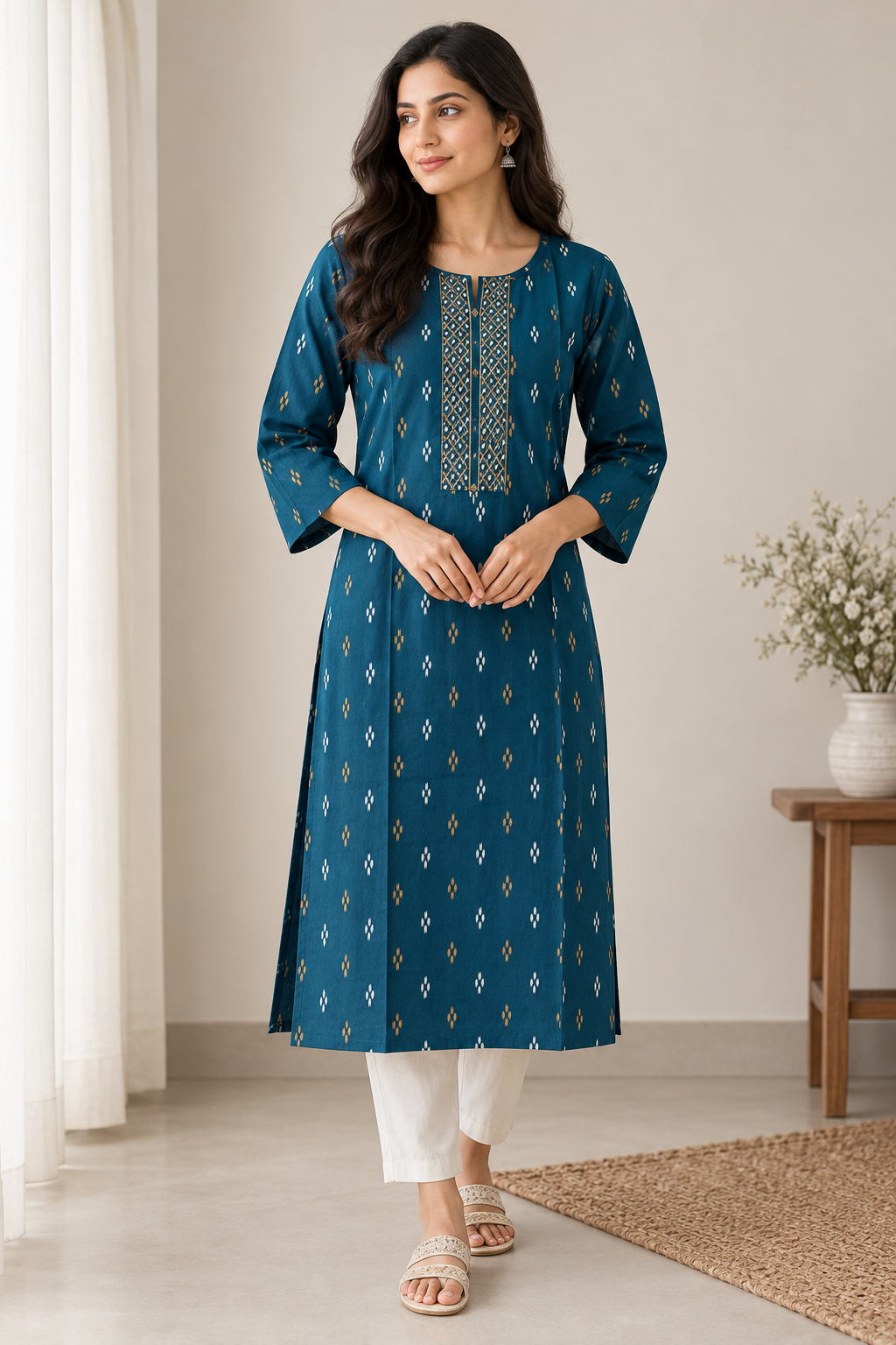 Teal Ikat Cotton Kurta with Gold Embroidered Neckline