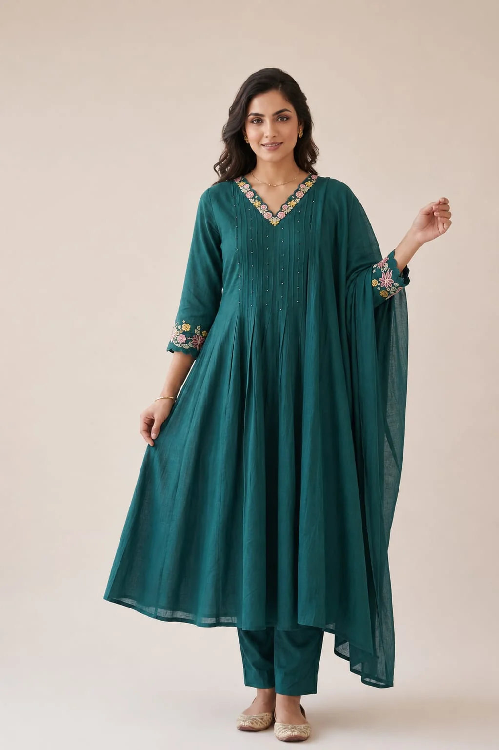 Elegant Teal Cotton Designer 3-Piece Suit Set