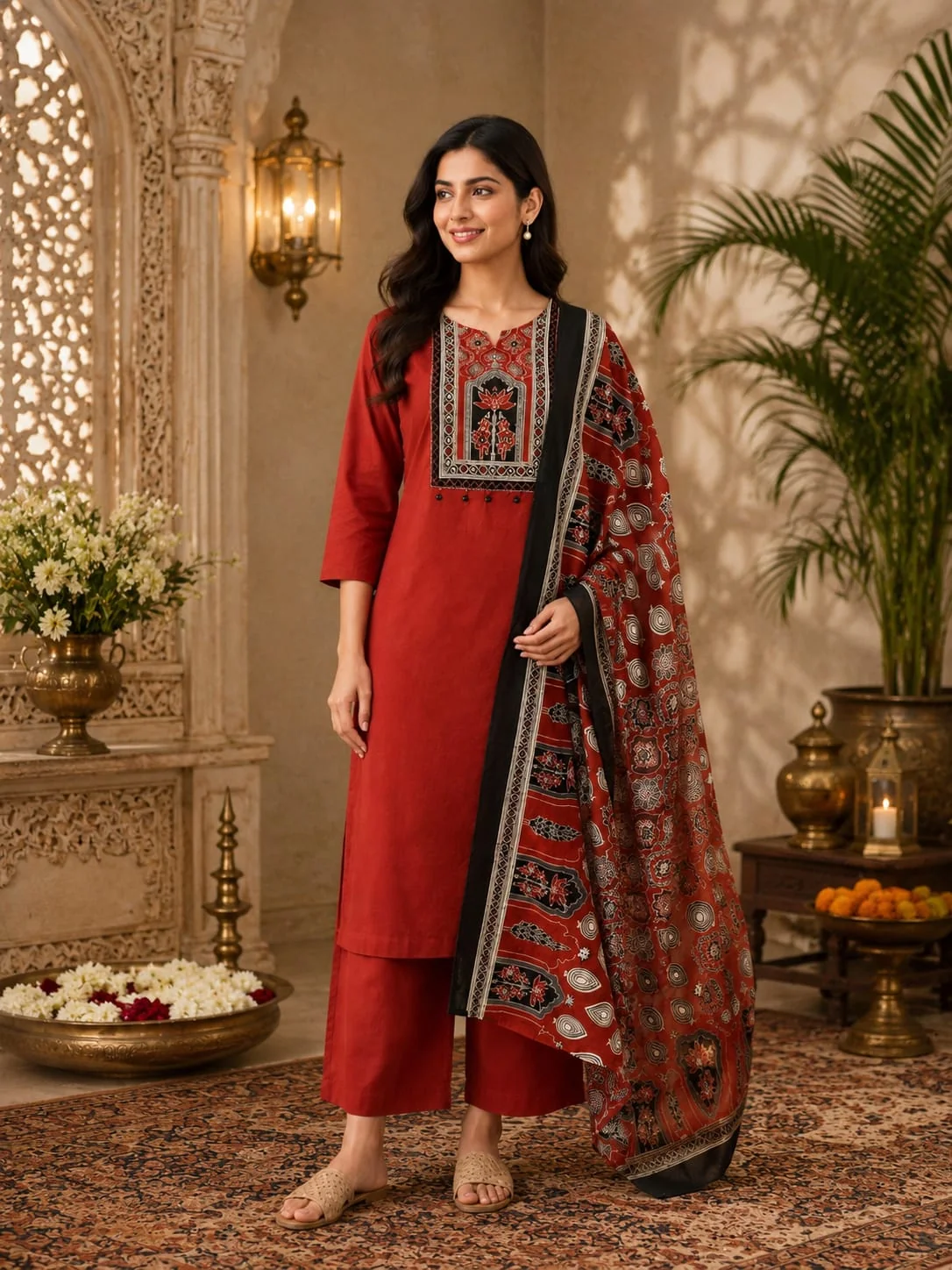 Crimson Dabu Cotton Ajrakh Suit Set