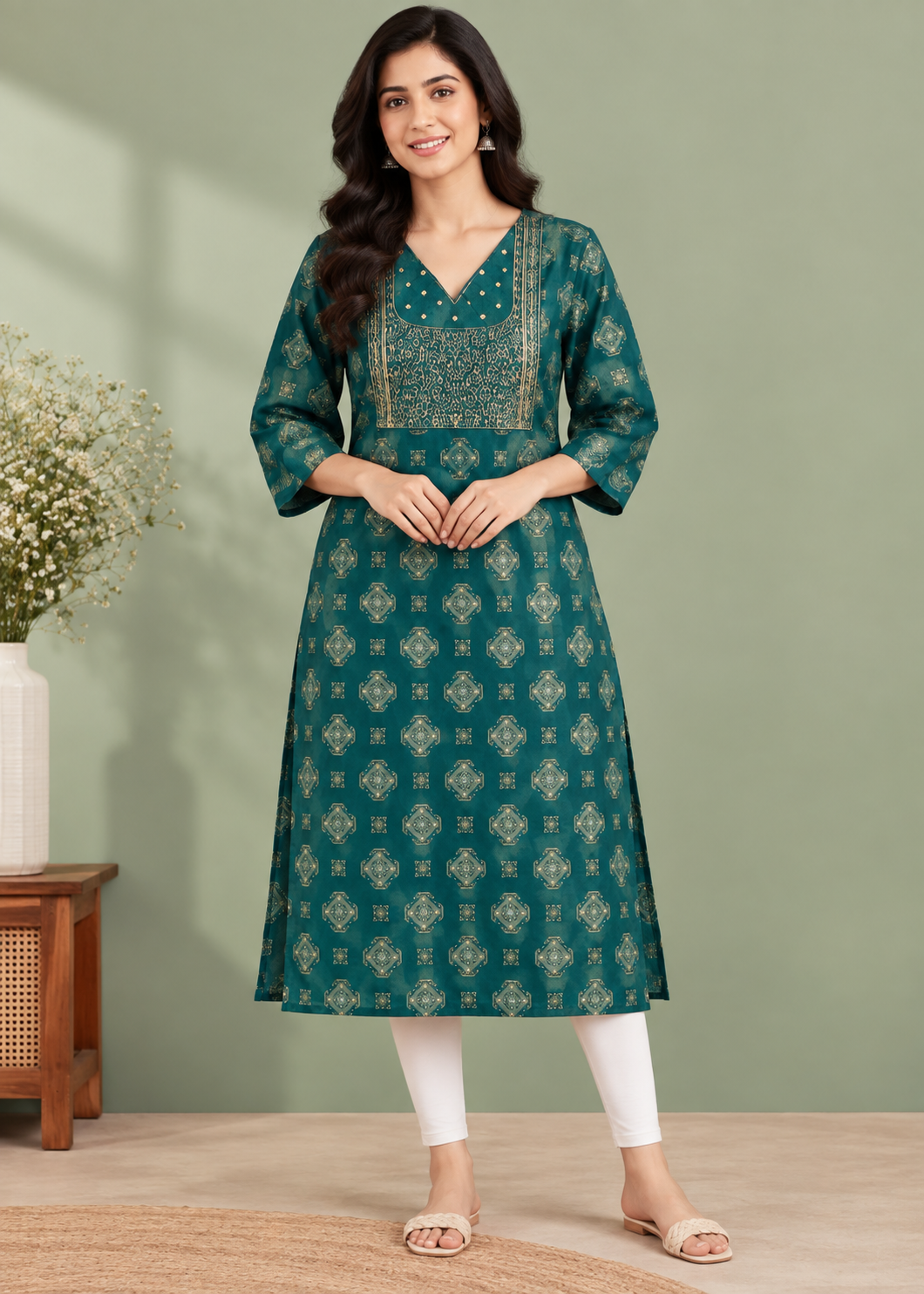 Emerald Elegance Embroidered Kurta with Gold Zari Work