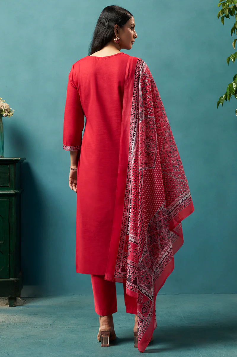 Dresoul Red Cotton Blend Digital Printed Straight Kurta Set