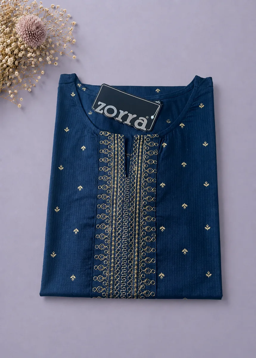 Navy Blue Embroidered Cotton Kurti with Gold Zari Work