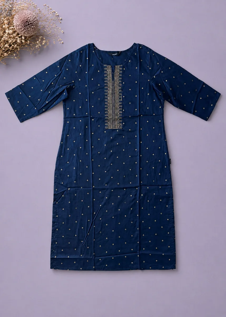 Navy Blue Embroidered Cotton Kurti with Gold Zari Work
