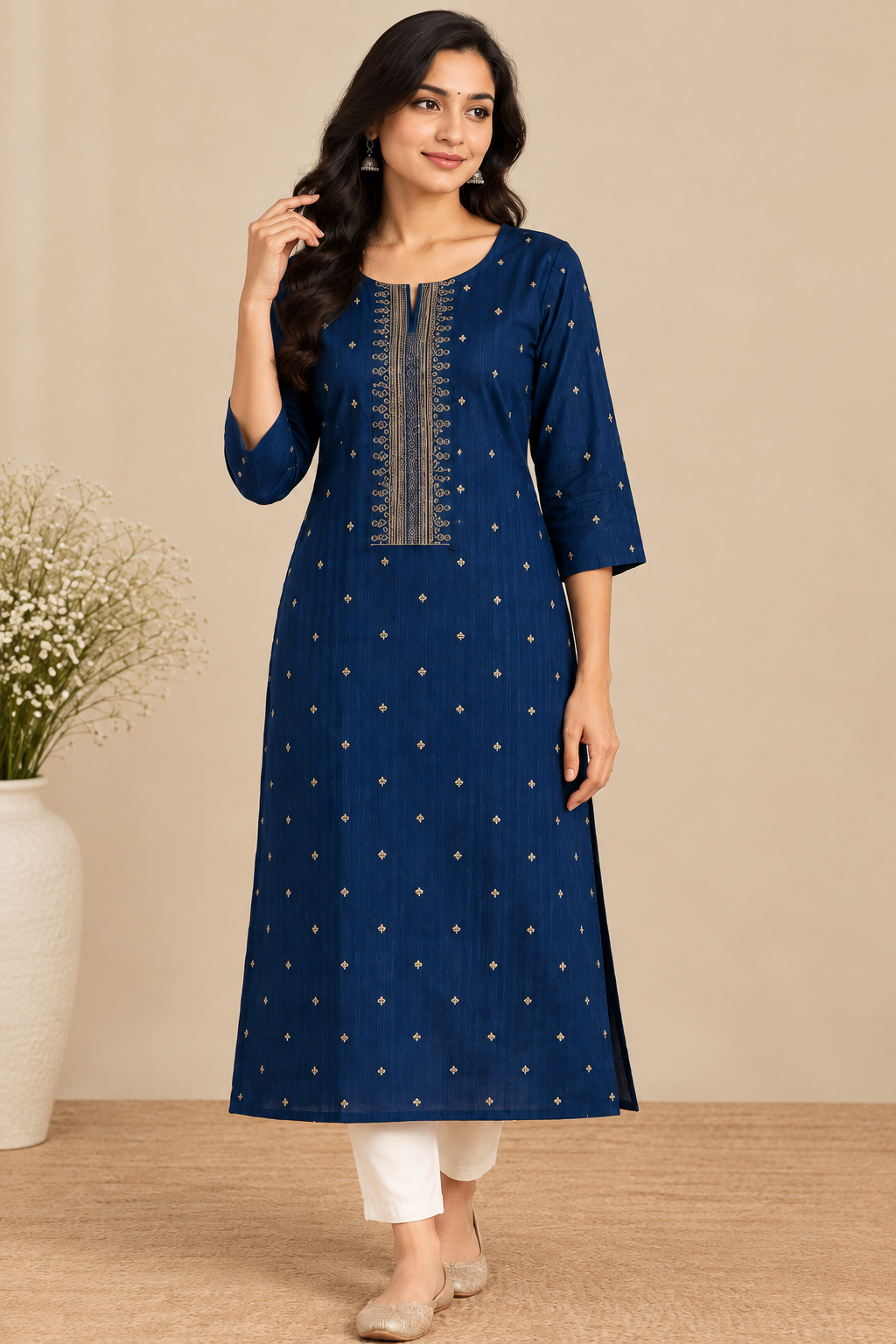Navy Blue Embroidered Cotton Kurti with Gold Zari Work