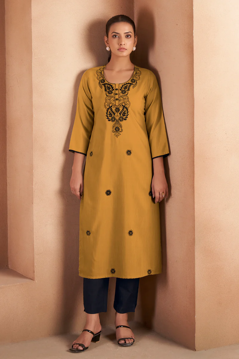 Dresoul Musterd Cotton Blend Chikankari Embroidered Kurta For Women