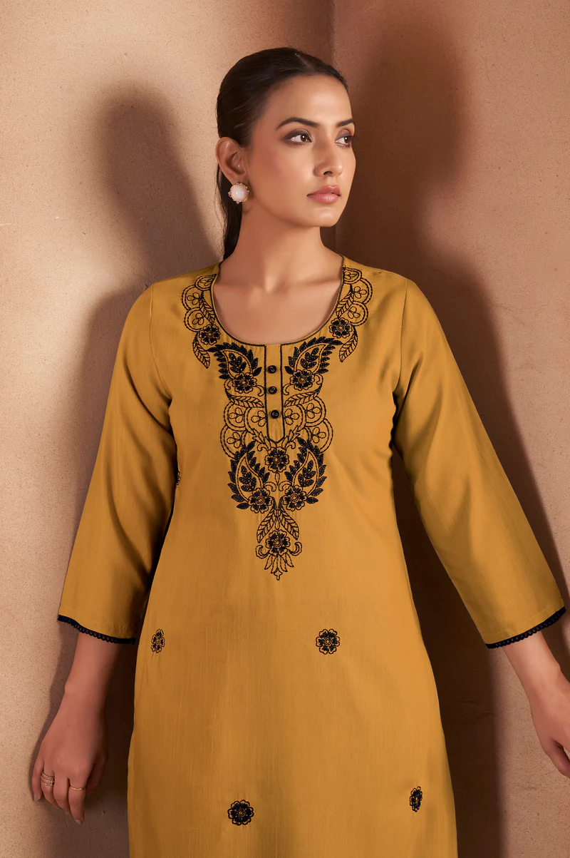 Dresoul Musterd Cotton Blend Chikankari Embroidered Kurta For Women