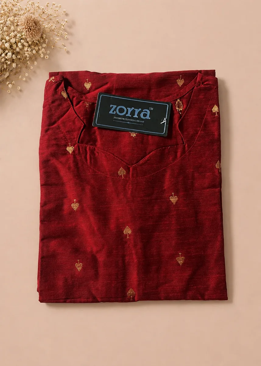 Royal Maroon Silk Kurta with Golden Heart Motifs
