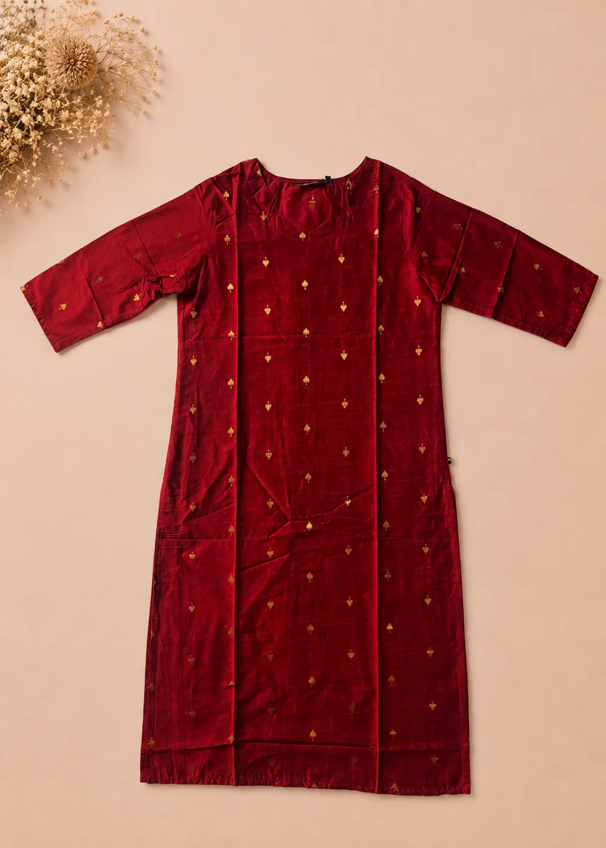 Royal Maroon Silk Kurta with Golden Heart Motifs