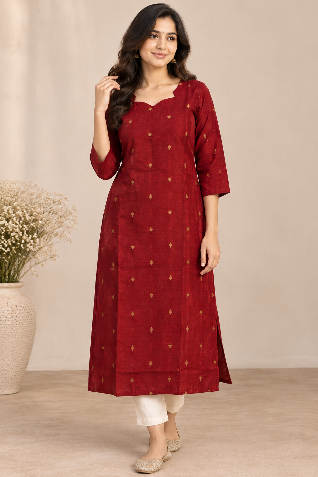 Royal Maroon Silk Kurta with Golden Heart Motifs