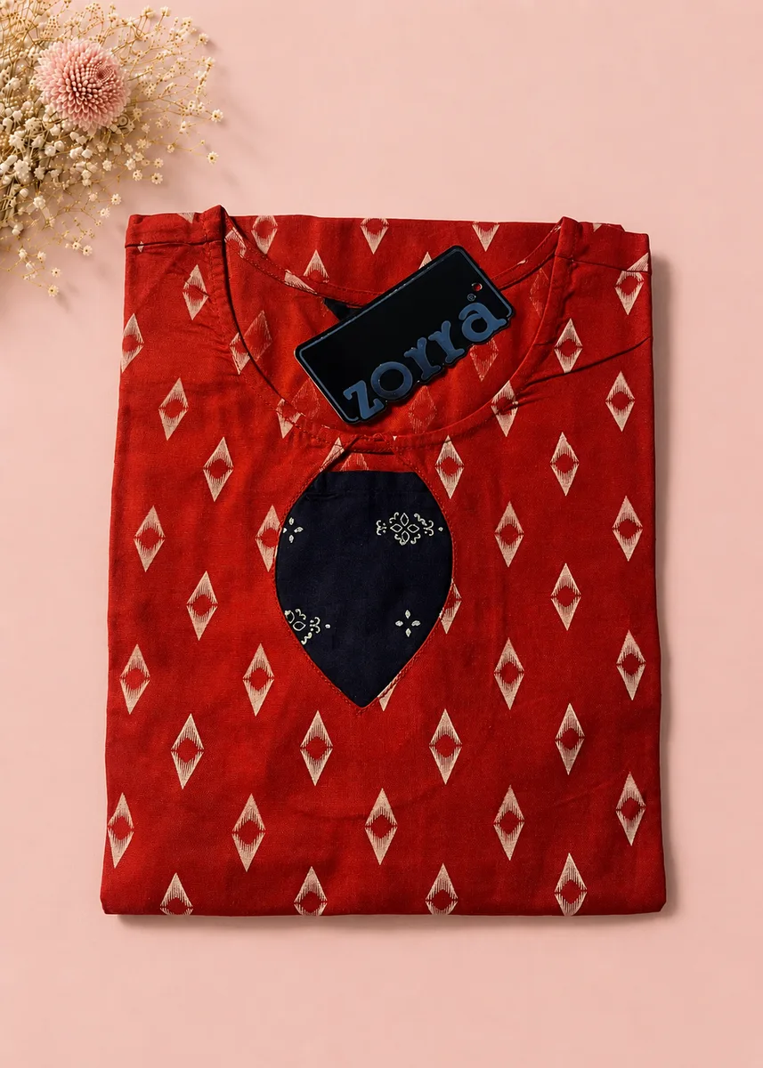 Zorra Red Ikat Cotton Kurti with Navy Embroidered Neckline