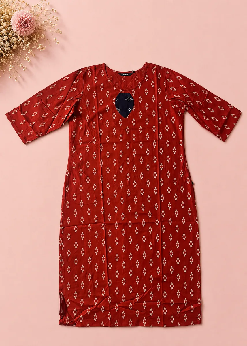 Zorra Red Ikat Cotton Kurti with Navy Embroidered Neckline
