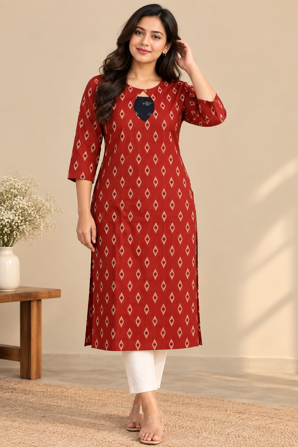 Zorra Red Ikat Cotton Kurti with Navy Embroidered Neckline