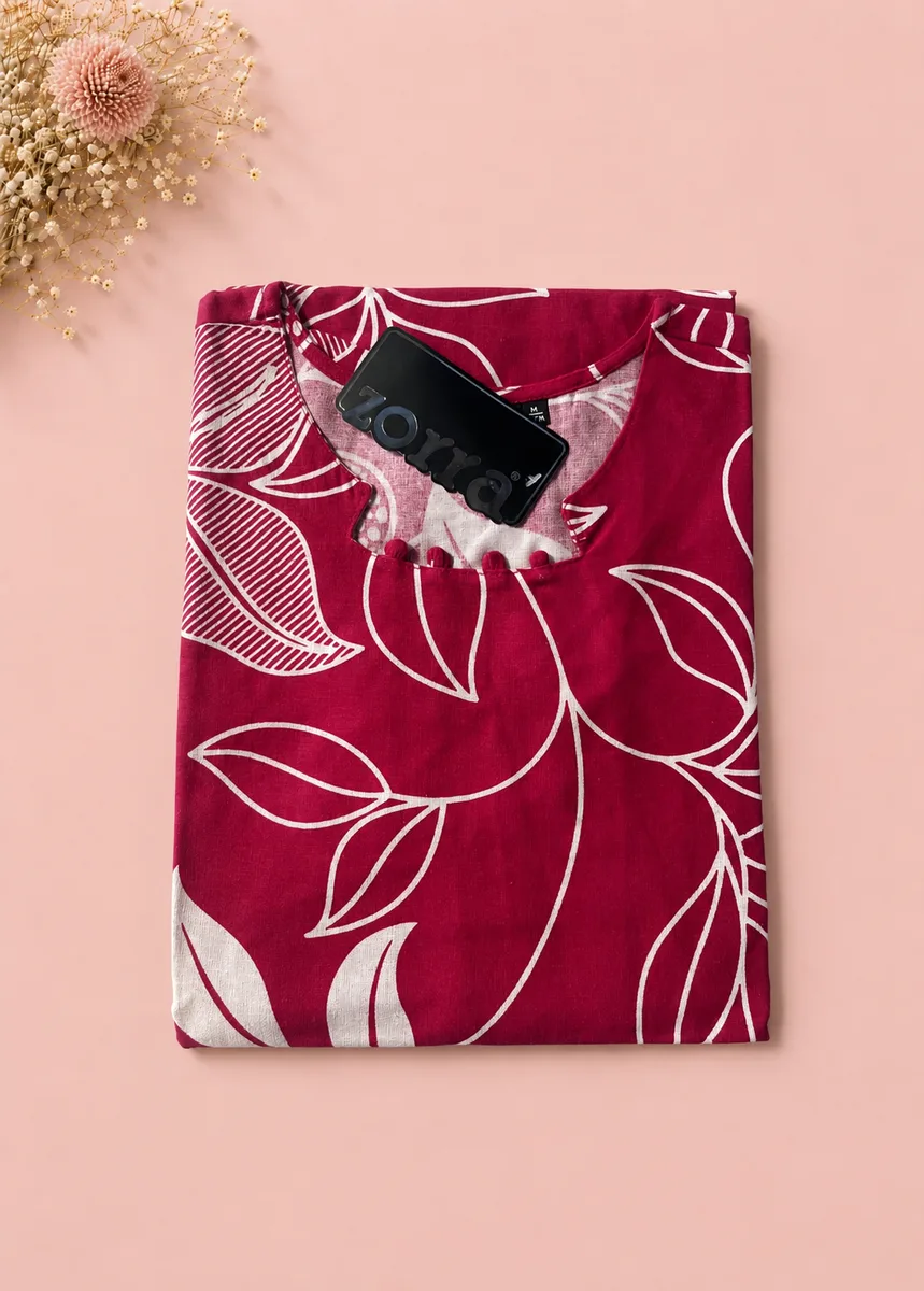 Zorra Burgundy Leaf Print Cotton Kurti