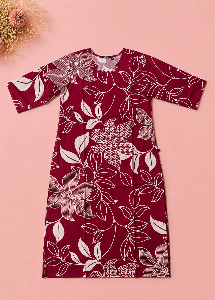 Zorra Burgundy Leaf Print Cotton Kurti