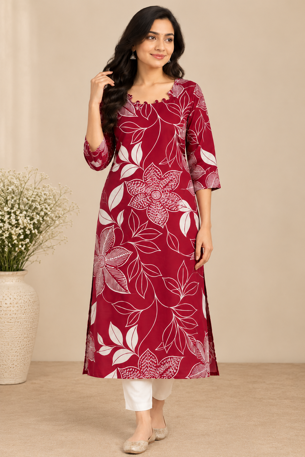 Zorra Burgundy Leaf Print Cotton Kurti
