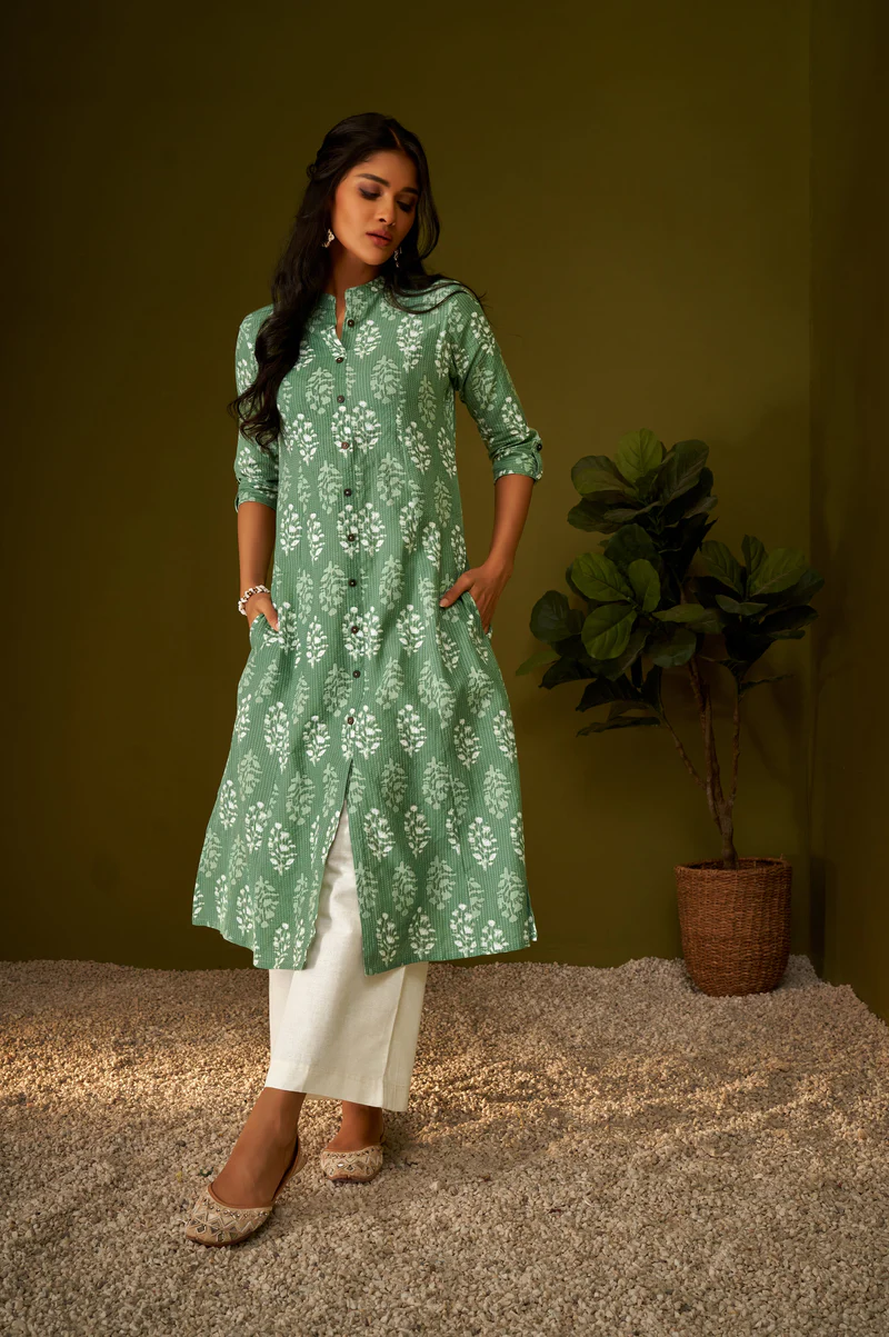 Dresoul Olive Green Kantha Print Cotton A-line Kurta