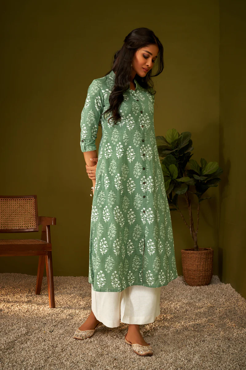 Dresoul Olive Green Kantha Print Cotton A-line Kurta