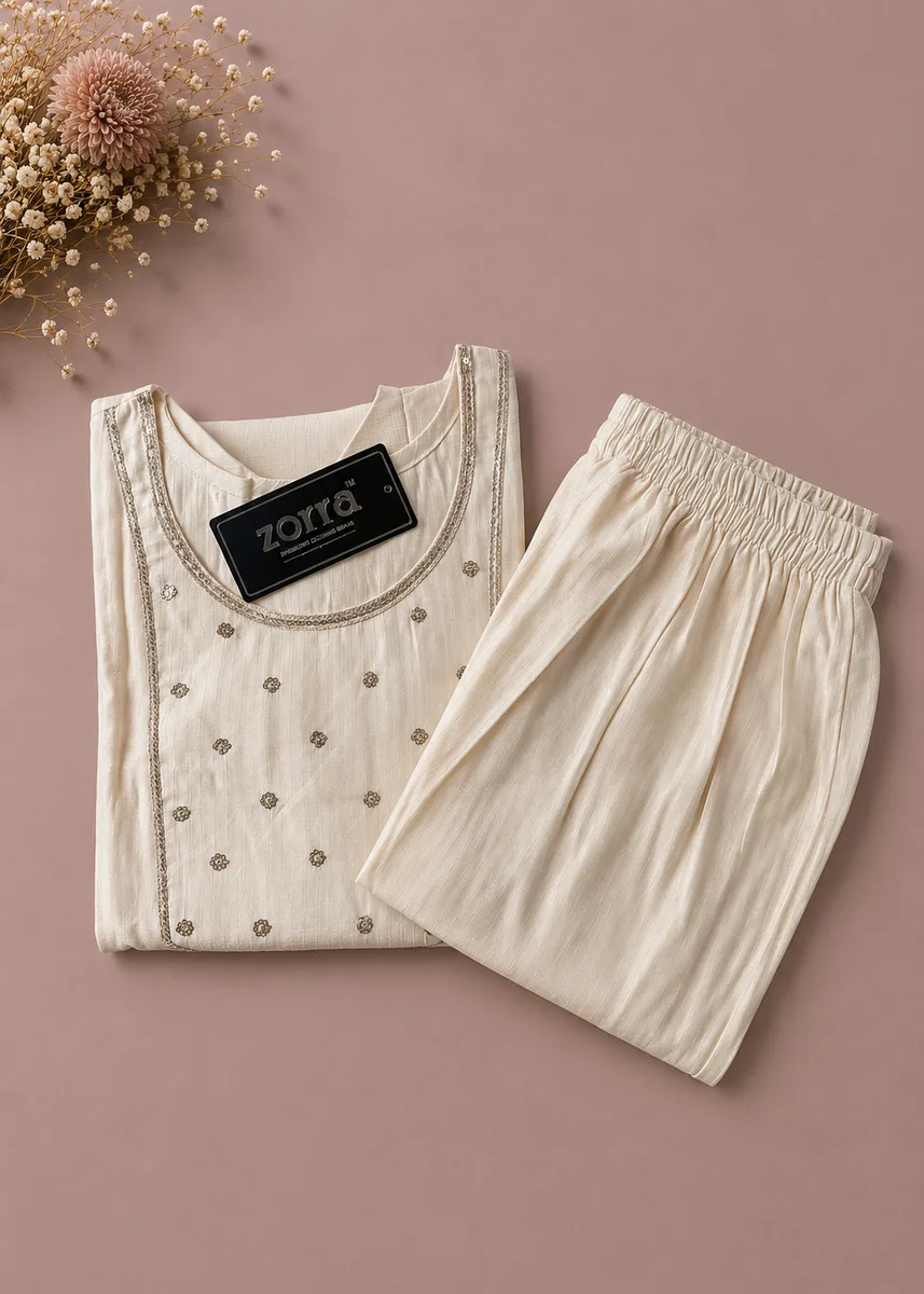 Elegant Cream Silk Embroidered Kurta with Churidar Set