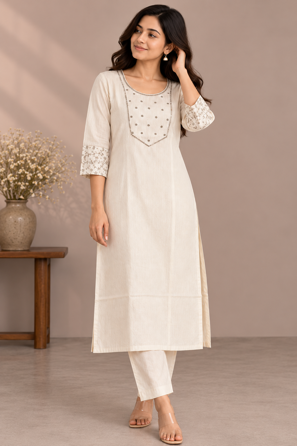 Elegant Cream Silk Embroidered Kurta with Churidar Set