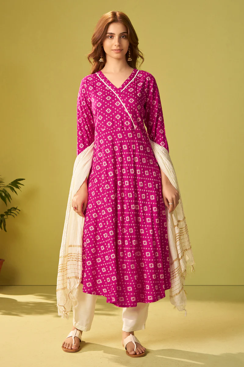 Dresoul Pink Viscose Rayon Printed Anarkali Kurta Set With Dupatta For Women