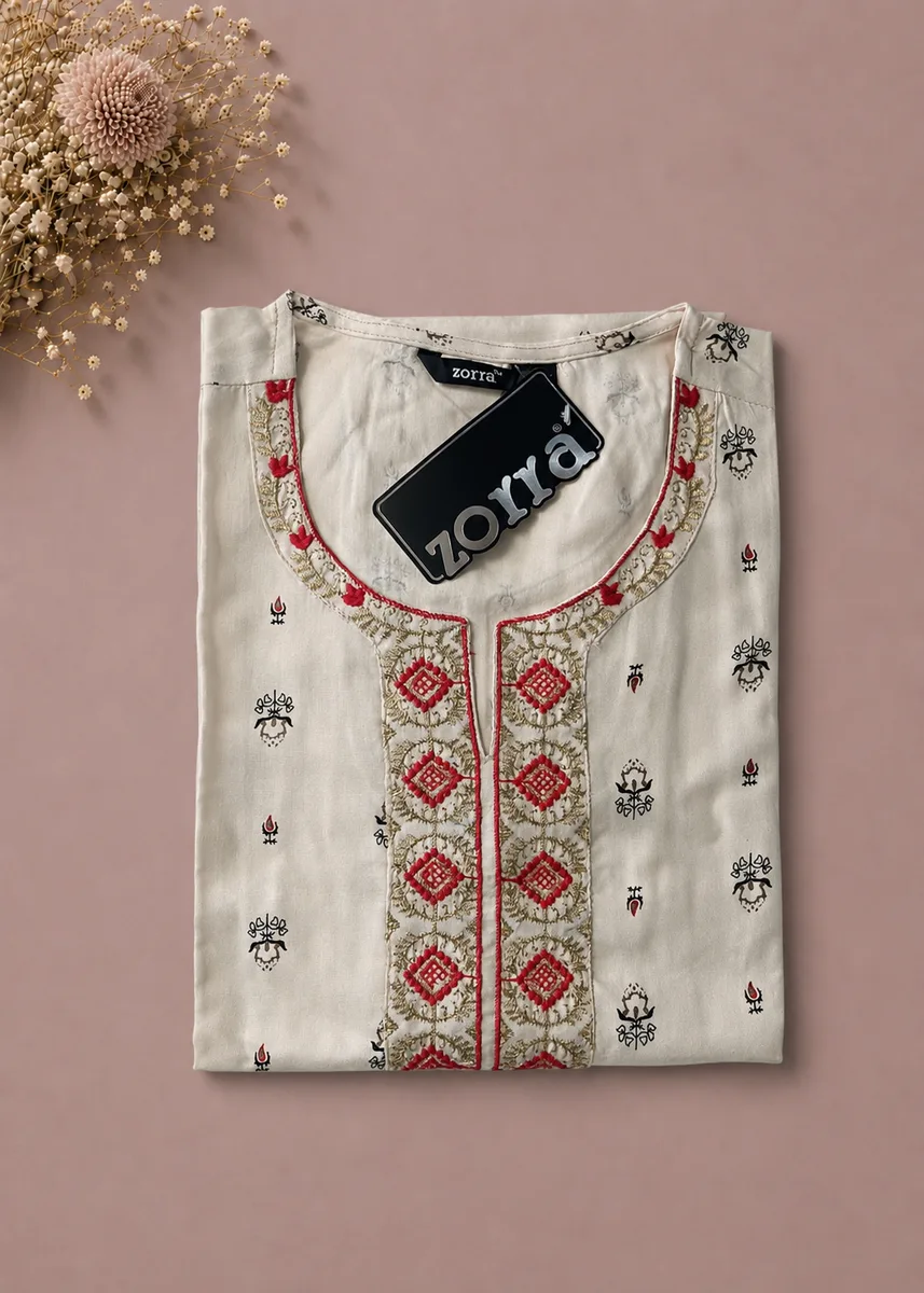 Elegant Embroidered Rayon Kurti with Red & Gold Motifs