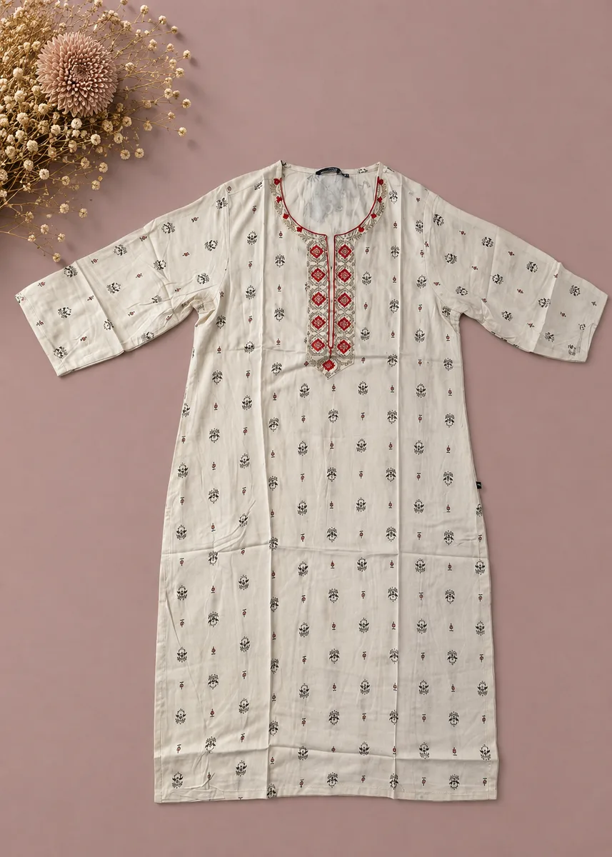 Elegant Embroidered Rayon Kurti with Red & Gold Motifs