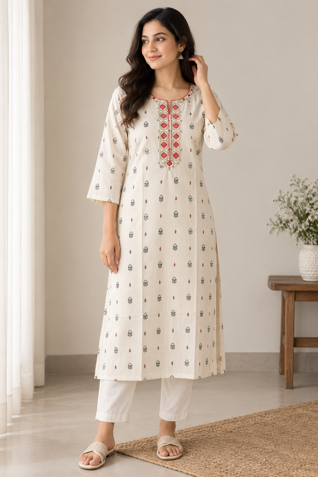 Elegant Embroidered Rayon Kurti with Red & Gold Motifs