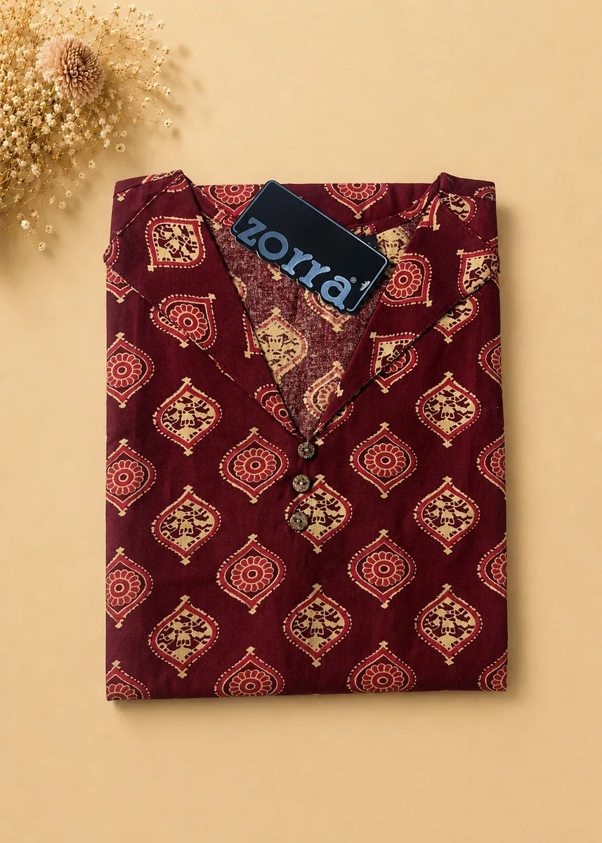 Zorra Maroon Printed Cotton Kurti