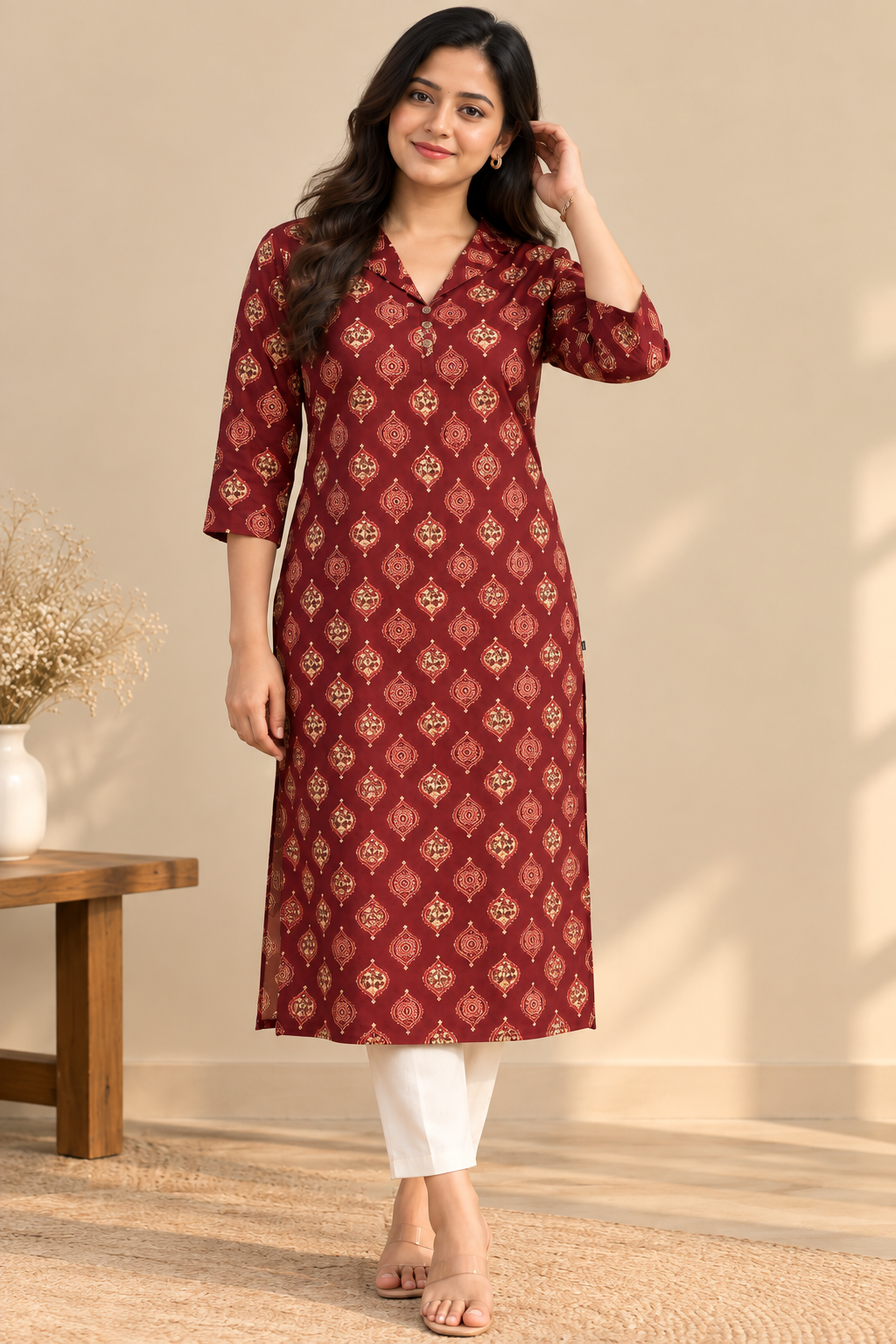 Zorra Maroon Printed Cotton Kurti