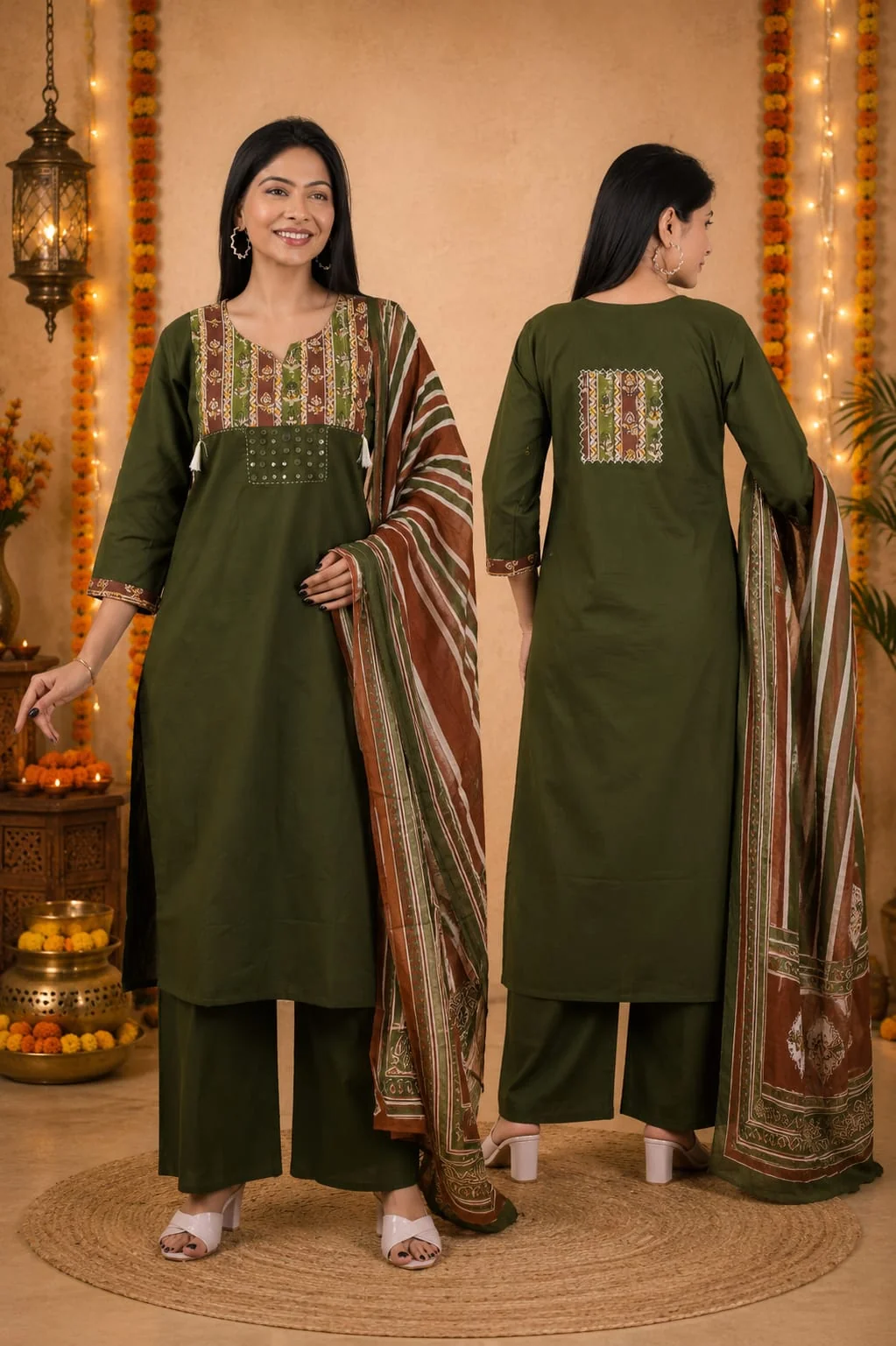 Olive Green Cotton Suit Set with Striped Dupatta