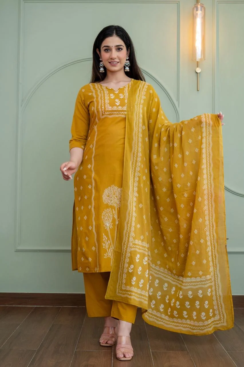 Golden Floral Mul Cotton Suit Set