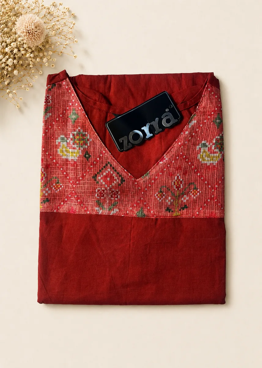 Zorra Red Cotton Embroidered Straight Kurti - Jumbo Size