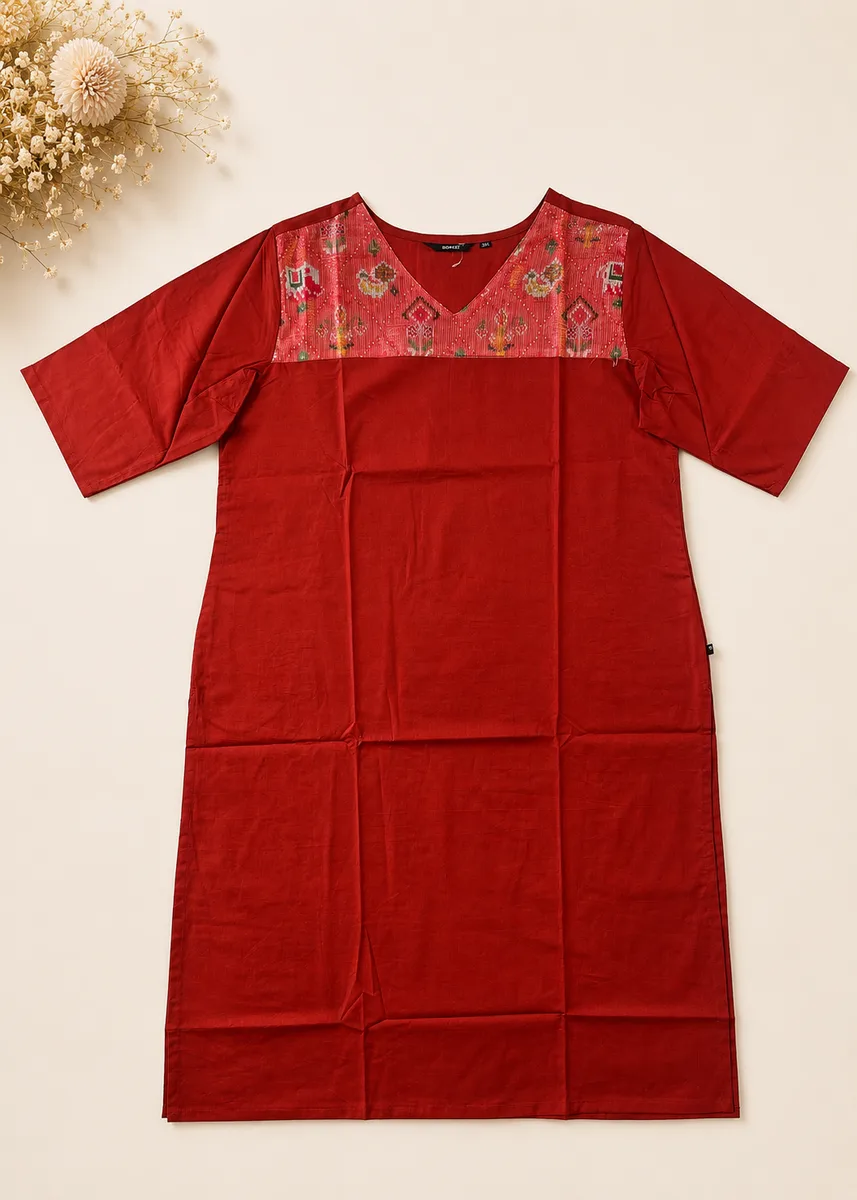 Zorra Red Cotton Embroidered Straight Kurti - Jumbo Size