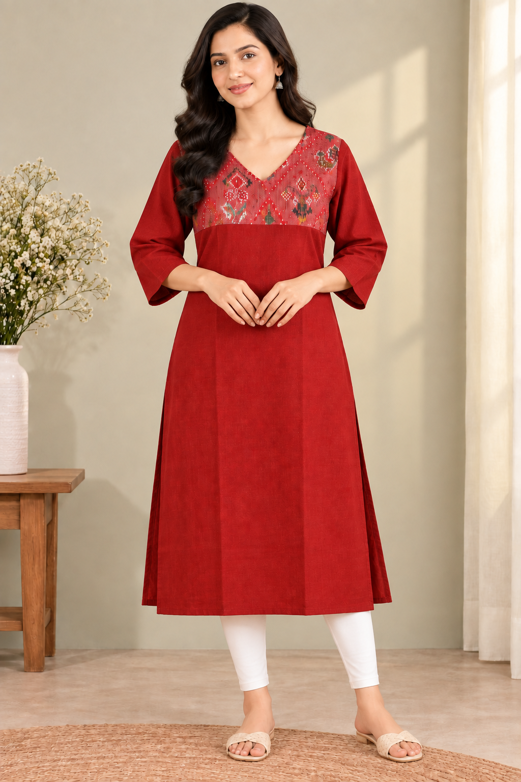 Zorra Red Cotton Embroidered Straight Kurti - Jumbo Size