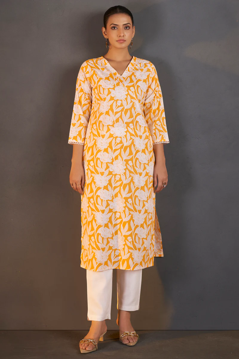 Dresoul Yellow Pure Cotton Floral Printed Kurta For Women
