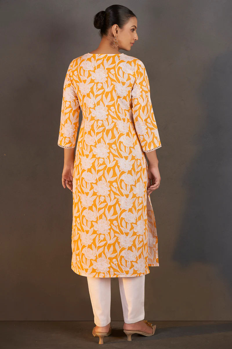 Dresoul Yellow Pure Cotton Floral Printed Kurta For Women